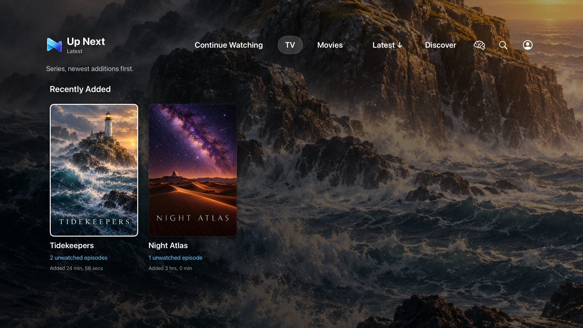 Up Next on Apple TV showing newly added TV series from an original fictional demo library